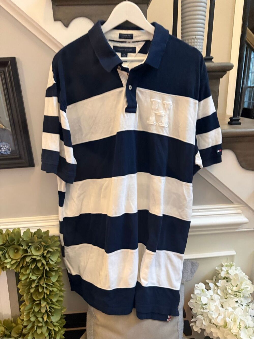 Tommy Hilfiger Navy & White Stripe Embroidered H Polo Shirt sz XXLT EUC